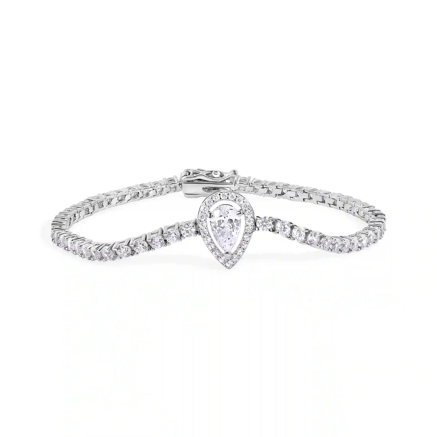 925 Sterling Silver Rhodium Plated Pear Cut Center Stone Clear CZ Tennis 2.6mm Necklace Bracelet and Dangling Earring Set