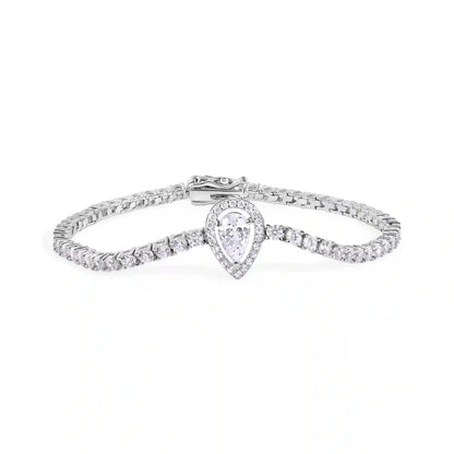 925 Sterling Silver Rhodium Plated Pear Cut Center Stone Clear CZ Tennis 2.6mm Necklace Bracelet and Dangling Earring Set