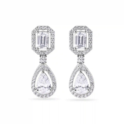 925 Sterling Silver Rhodium Plated Pear Cut Center Stone Clear CZ Tennis 2.6mm Necklace Bracelet and Dangling Earring Set