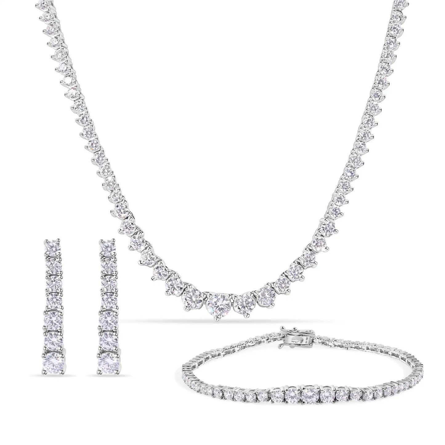 925 Sterling Silver Rhodium Plated Clear CZ Tennis 2.6mm Necklace Bracelet and Climbing Earring Set