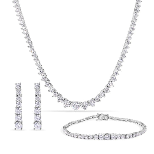 925 Sterling Silver Rhodium Plated Clear CZ Tennis 2.6mm Necklace Bracelet and Climbing Earring Set