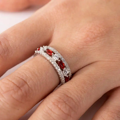 925 Sterling Silver Rhodium Plated Band Encrusted with Clear and Red CZ Stones