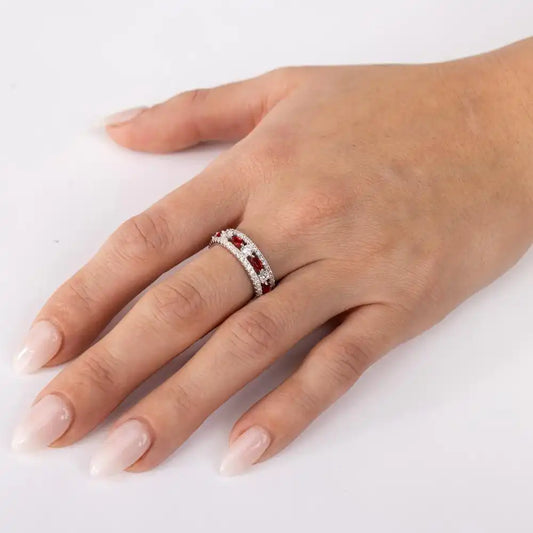 925 Sterling Silver Rhodium Plated Band Encrusted with Clear and Red CZ Stones