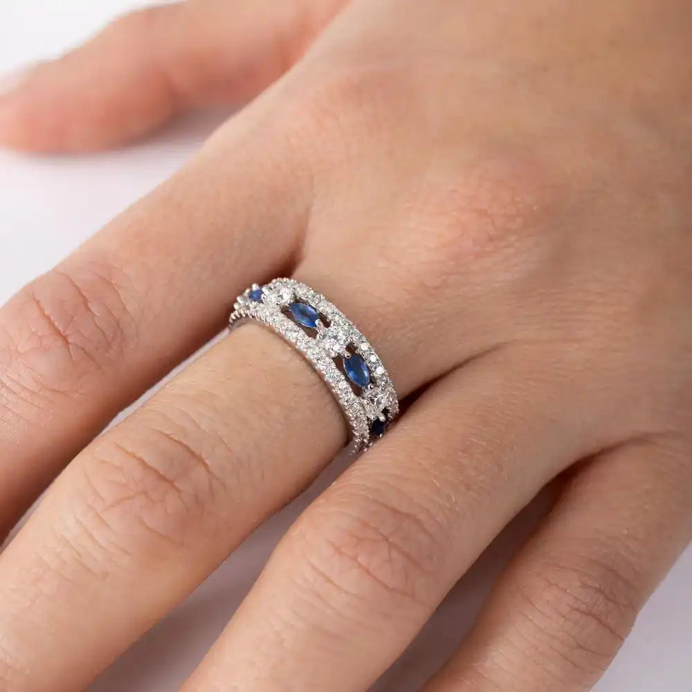 925 Sterling Silver Rhodium Plated Band Encrusted with Clear and Blue CZ Stones
