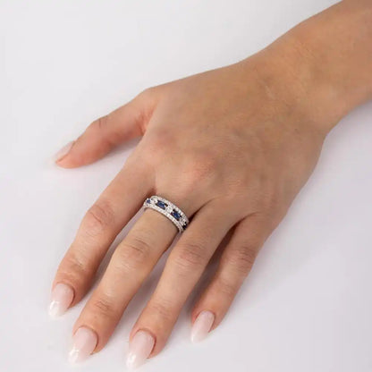925 Sterling Silver Rhodium Plated Band Encrusted with Clear and Blue CZ Stones
