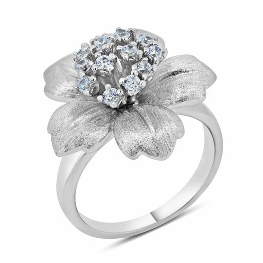 925 Sterling Silver Clearance Rhodium Plated Matte Finish Clear CZ Flower Ring