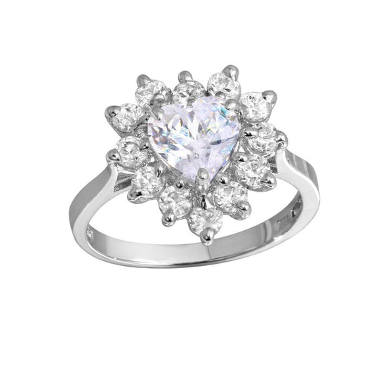 925 Sterling Silver Rhodium Plated CZ Heart Flower Ring