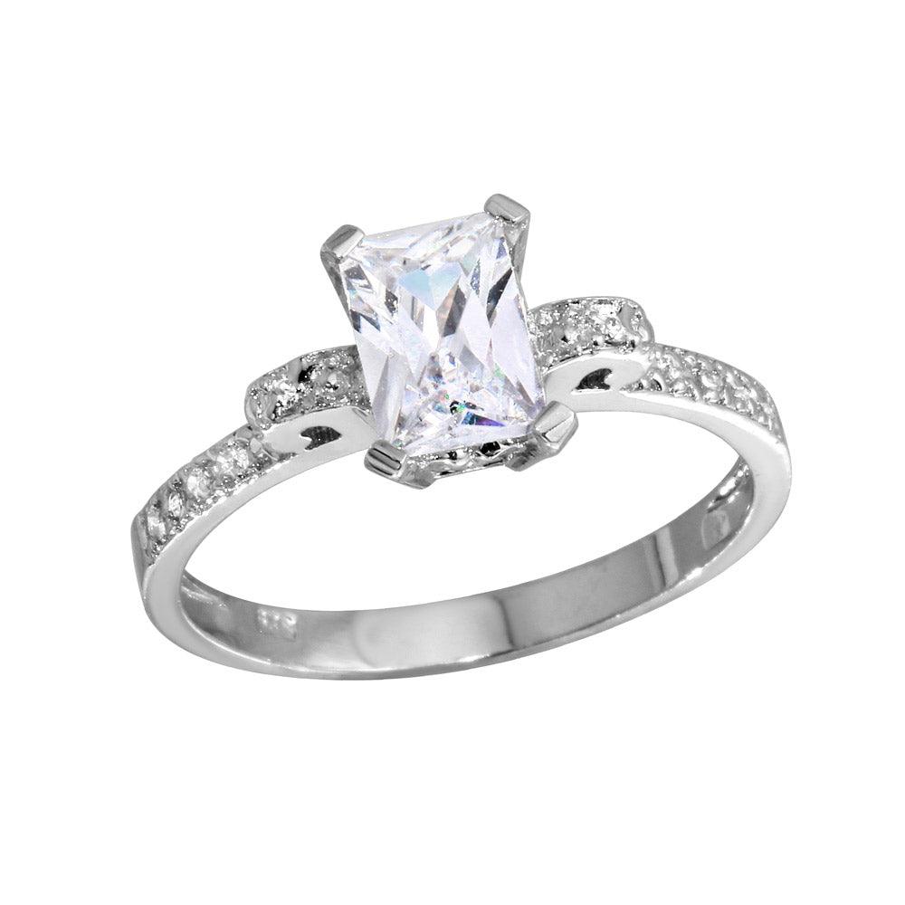 925 Sterling Silver Rhodium Plated Rectangle Center CZ Stone Ring