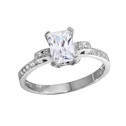 925 Sterling Silver Rhodium Plated Rectangle Center CZ Stone Ring