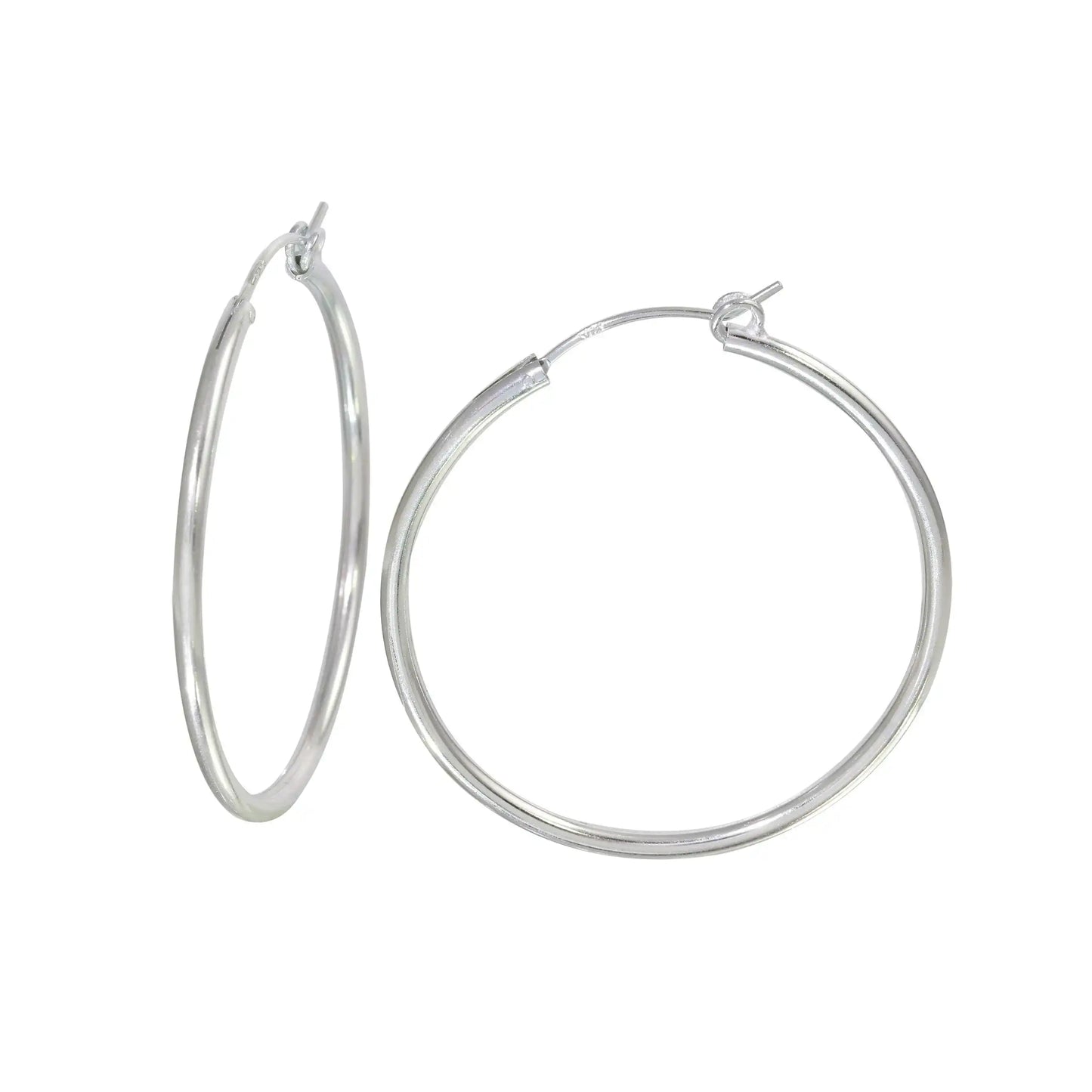 925 Sterling Silver High Polished Hoop Earrings Rounded Hinge 3.6mm