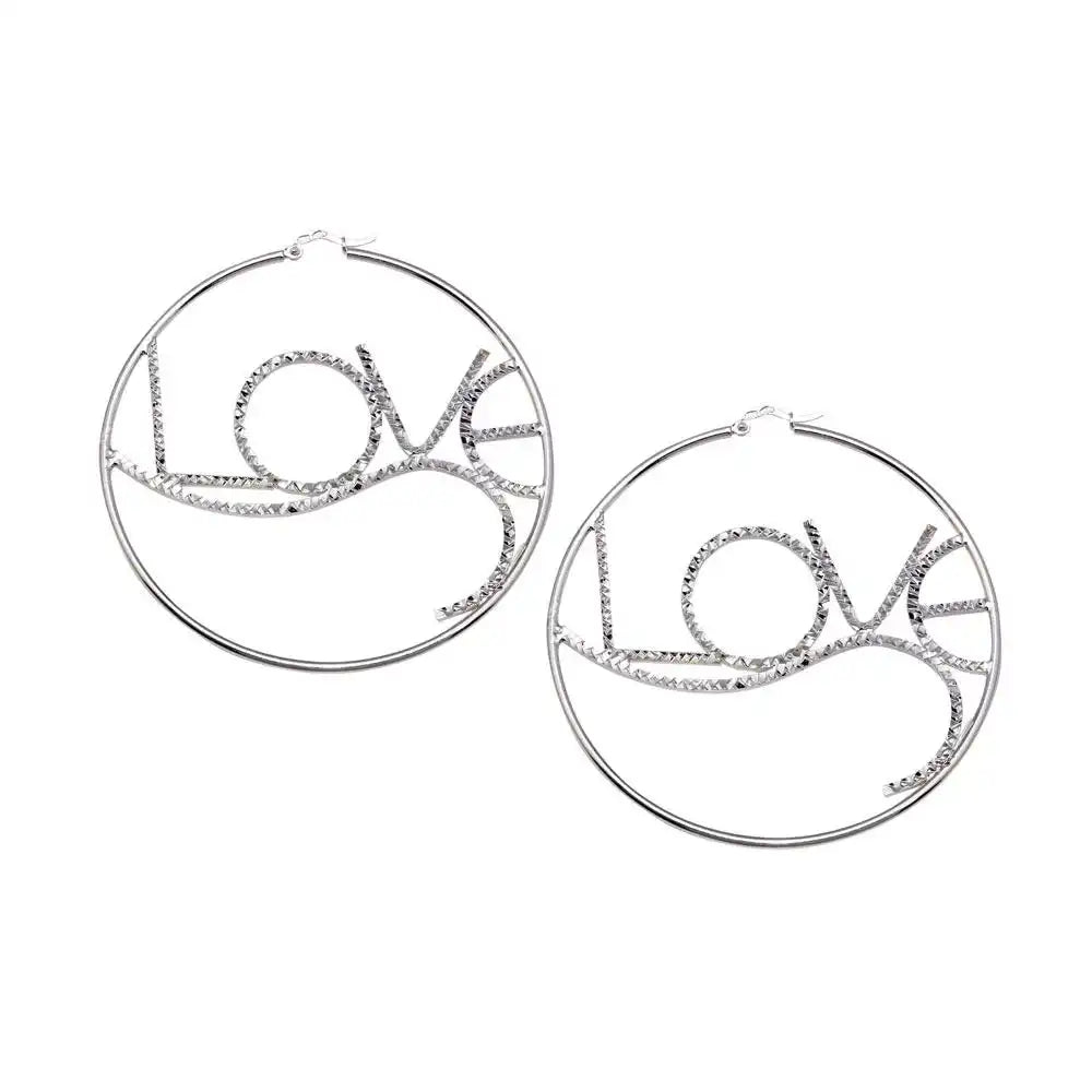 925 Sterling Silver High Polished Diamond Cut Love Hoop Earrings