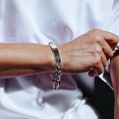 925 Sterling Silver High Polished Engravable ID Super Flat Figaro 300 Bracelet 10.9mm