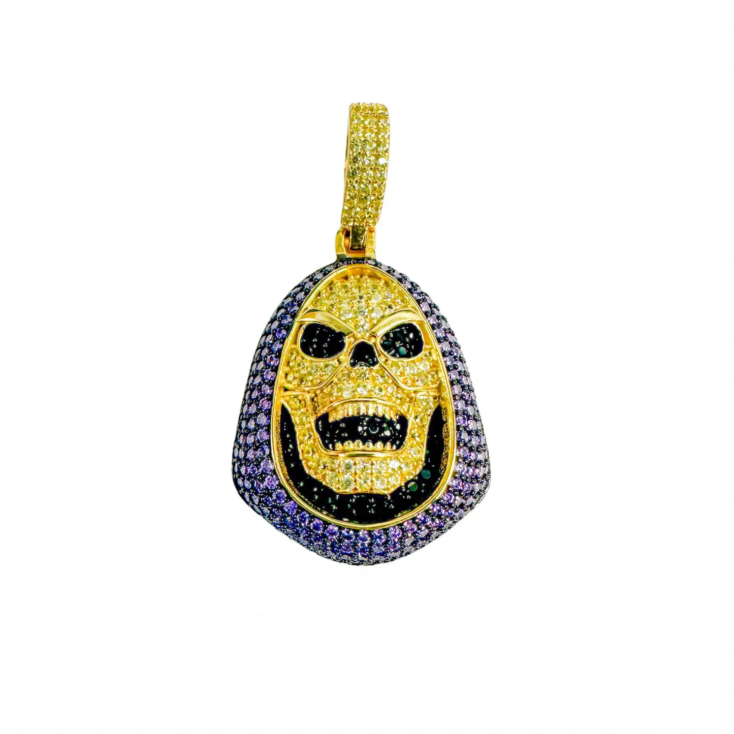 925 Sterling Silver Gold Plated Hooded Skull Clear and Purple CZ Pendant