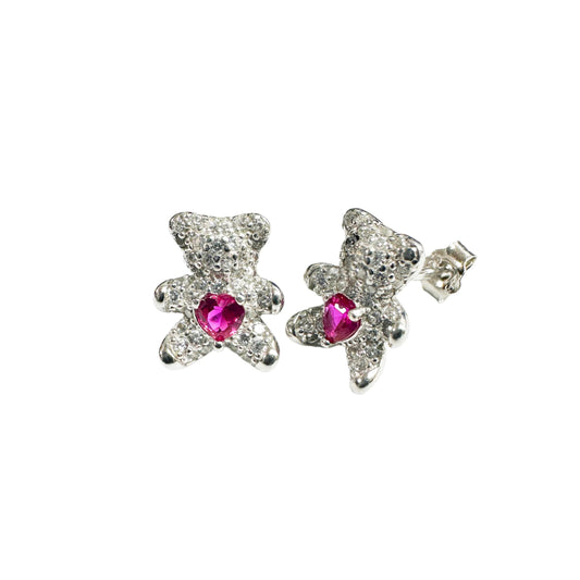 925 Sterling Silver Rhodium Plated Bear Heart Clear and Red CZ Stud Earrings