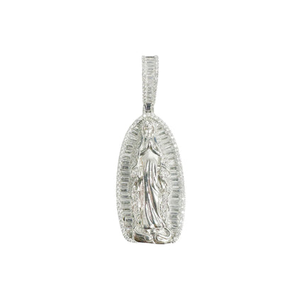 925 Sterling Silver Rhodium Plated Our Lady Of Guadalupe Baguette Clear CZ 40mm Pendant