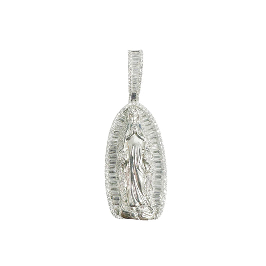 925 Sterling Silver Rhodium Plated Our Lady Of Guadalupe Baguette Clear CZ 40mm Pendant