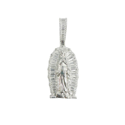 925 Sterling Silver Rhodium Plated Our Lady Of Guadalupe Baguette Clear CZ 35mm Pendant