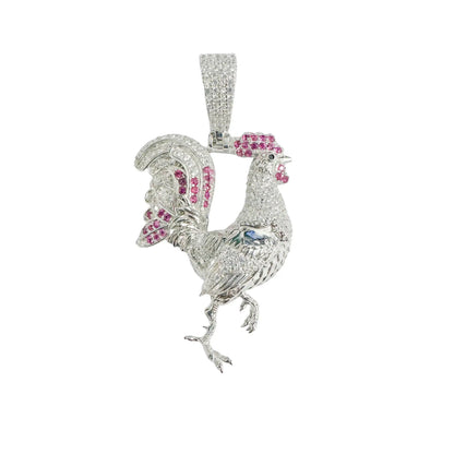925 Sterling Silver Rhodium Plated Rooster Red and Clear CZ Pendant