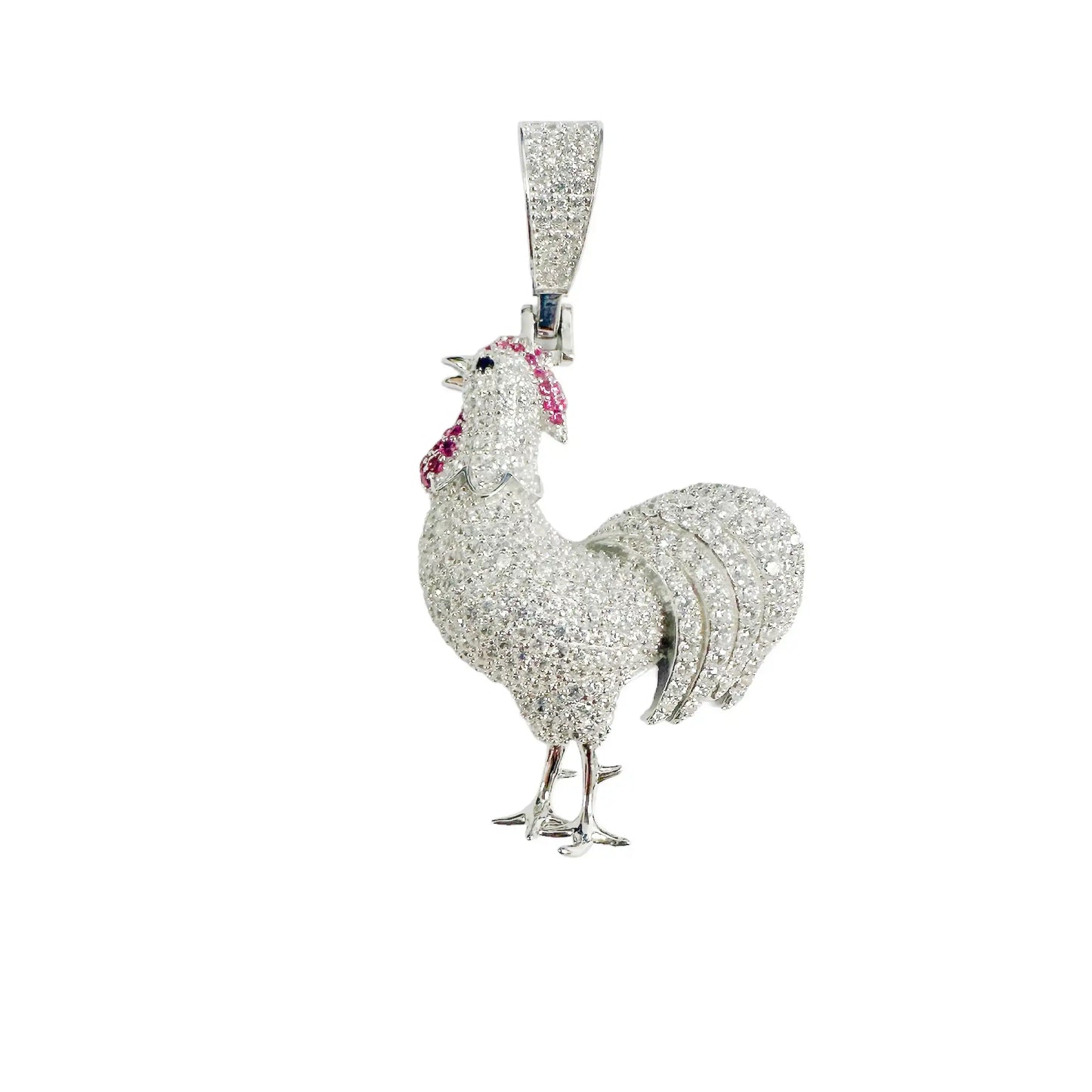 925 Sterling Silver Rhodium Plated Chicken Red and Clear CZ Pendant