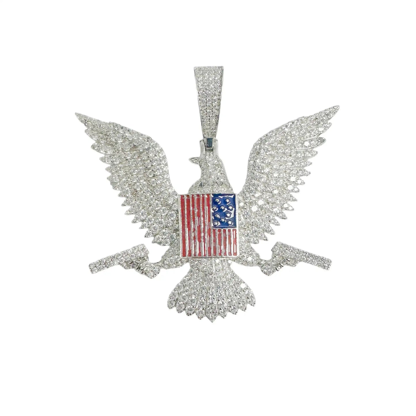 925 Sterling Silver Rhodium Plated American Eagle Flag Gun Clear CZ Pendant