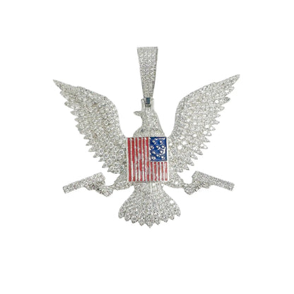 925 Sterling Silver Rhodium Plated American Eagle Flag Gun Clear CZ Pendant
