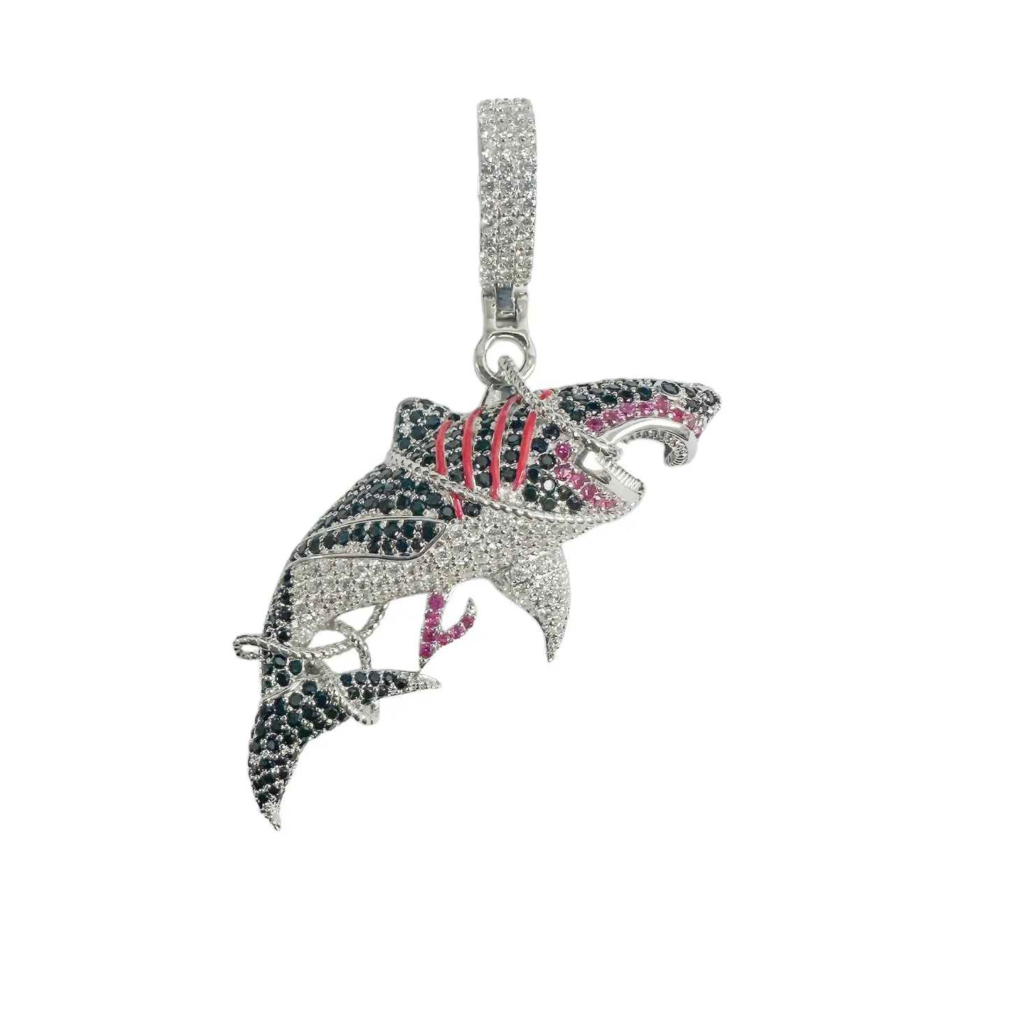 925 Sterling Silver Rhodium Plated Tangled Shark Black Red and Clear CZ Pendant