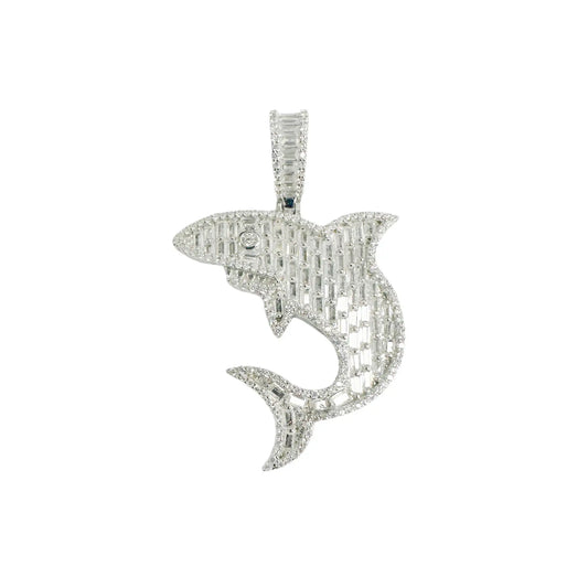 925 Sterling Silver Rhodium Plated Shark Baguette Clear CZ Pendant