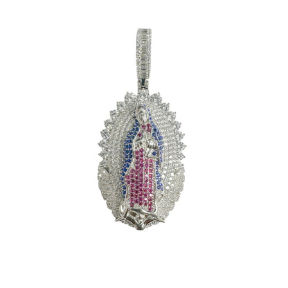 925 Sterling Silver Rhodium Plated Our Lady of Guadalupe Clear Red and Blue CZ Pendant