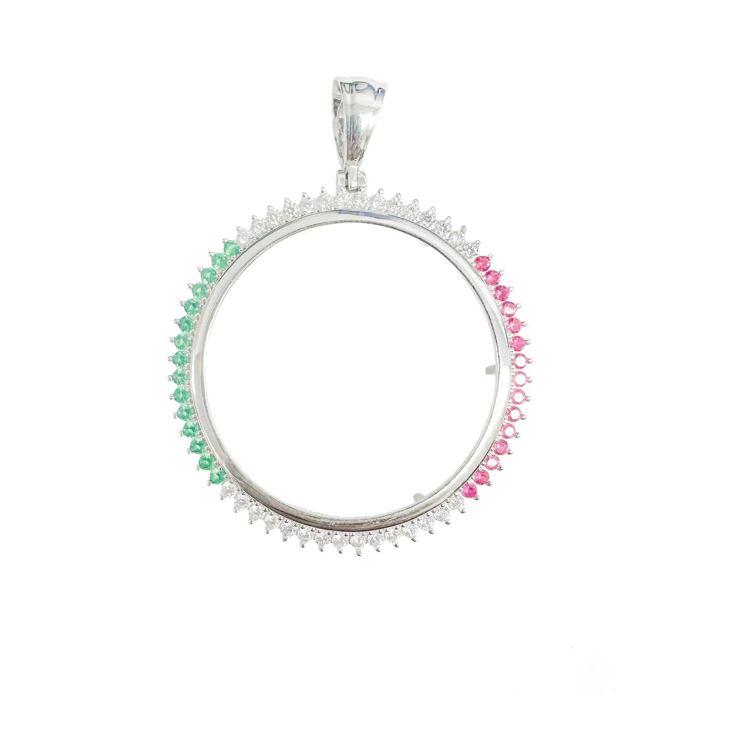 925 Sterling Silver Rhodium Plated Bezel for Coin Clear Green and Red CZ Pendant