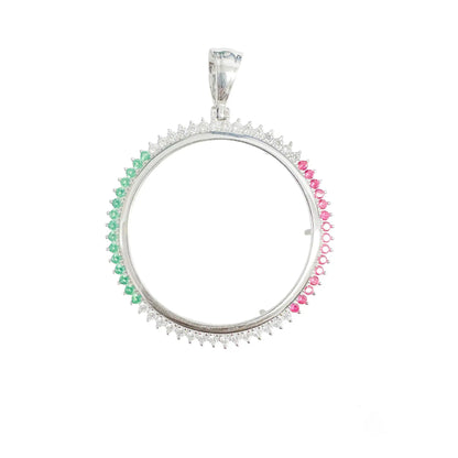 925 Sterling Silver Rhodium Plated Bezel for Coin Clear Green and Red CZ Pendant