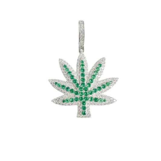 925 Sterling Silver Rhodium Plated Marijuana Cannabis Green and Clear CZ Pendant