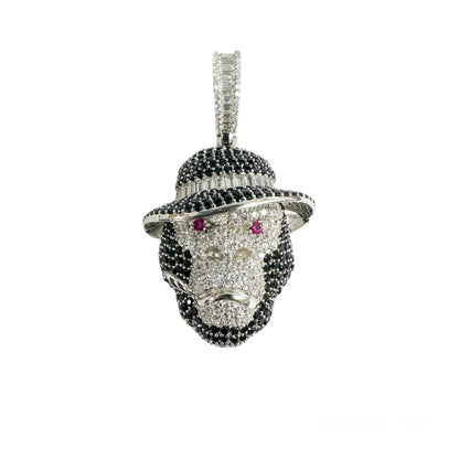 925 Sterling Silver Rhodium Plated Smoking Ape Monkey Hat Clear Red and Black CZ Pendant