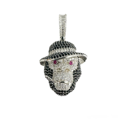 925 Sterling Silver Rhodium Plated Smoking Ape Monkey Hat Clear Red and Black CZ Pendant