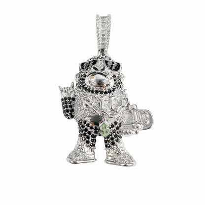 925 Sterling Silver Rhodium Plated Hip-Hop Skater Money Clear CZ Black Enamel Pendant