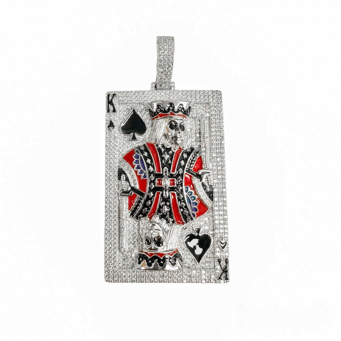 925 Sterling Silver Rhodium Plated King of Spades Clear CZ Black and Red Enamel Pendant