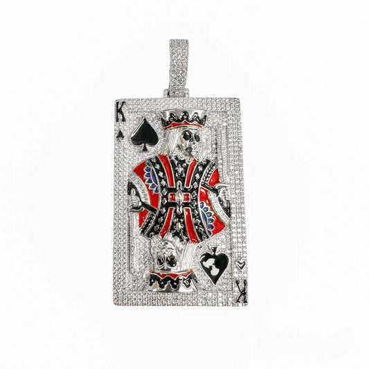 925 Sterling Silver Rhodium Plated King of Spades Clear CZ Black and Red Enamel Pendant