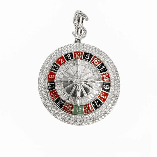 925 Sterling Silver Rhodium Plated Casino Roulette Clear CZ Enamel Pendant