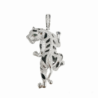 925 Sterling Silver Rhodium Plated Cheetah Clear CZ Black Enamel Pendant