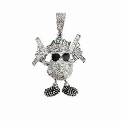 925 Sterling Silver Rhodium Plated Egg Dollar Bills Guns Clear and Black CZ and Green Enamel Pendant