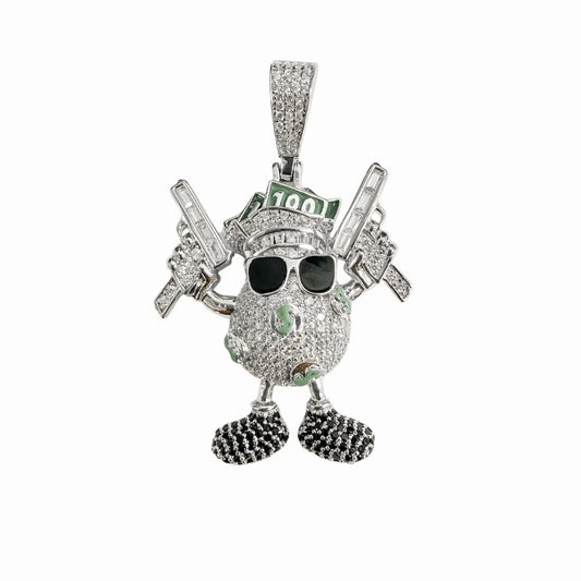 925 Sterling Silver Rhodium Plated Egg Dollar Bills Guns Clear and Black CZ and Green Enamel Pendant