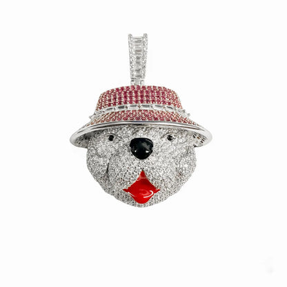 925 Sterling Silver Rhodium Plated Bear Hat Clear and Pink CZ Red Enamel Tounge Pendant