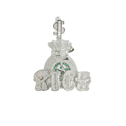925 Sterling Silver Rhodium Plated Money Bag Rich Clear and Green CZ Dollar Sign Vale Pendant