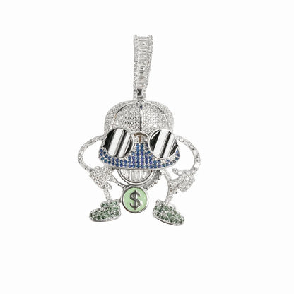 925 Sterling Silver Rhodium Plated Hip-Hop Black and White Enamel Glasses Clear and Green CZ Pendant
