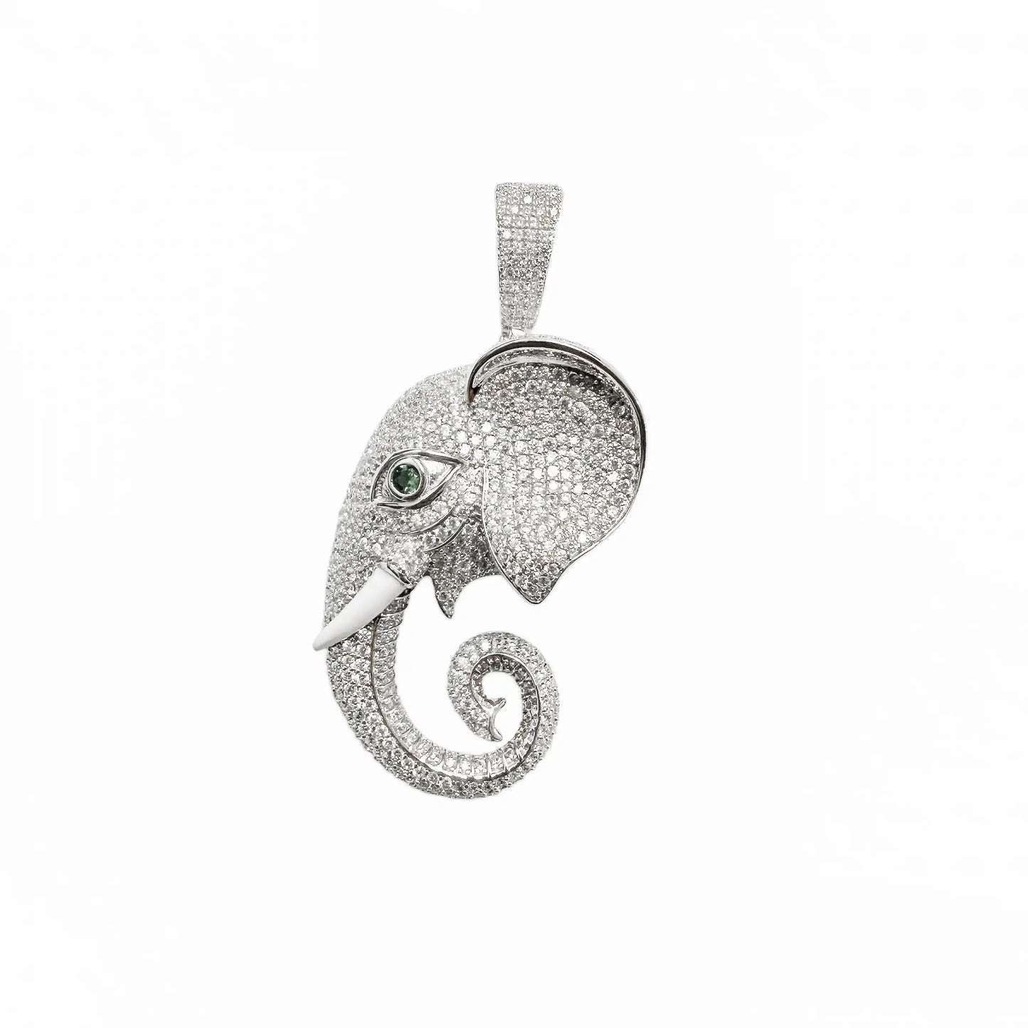 925 Sterling Silver Rhodium Plated Elephant Green Eye and Clear CZ Pendant