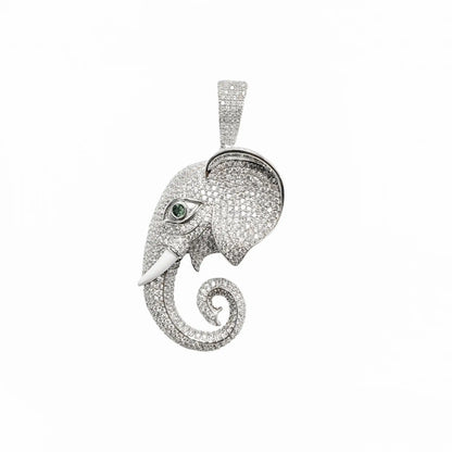 925 Sterling Silver Rhodium Plated Elephant Green Eye and Clear CZ Pendant