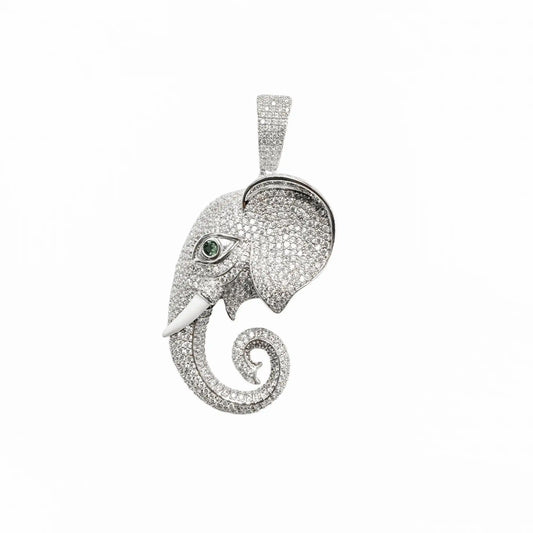 925 Sterling Silver Rhodium Plated Elephant Green Eye and Clear CZ Pendant