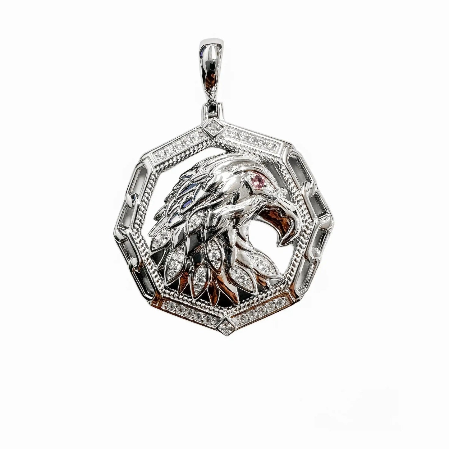 925 Sterling Silver Rhodium Plated Eagle Purple Eye and Clear CZ Pendant
