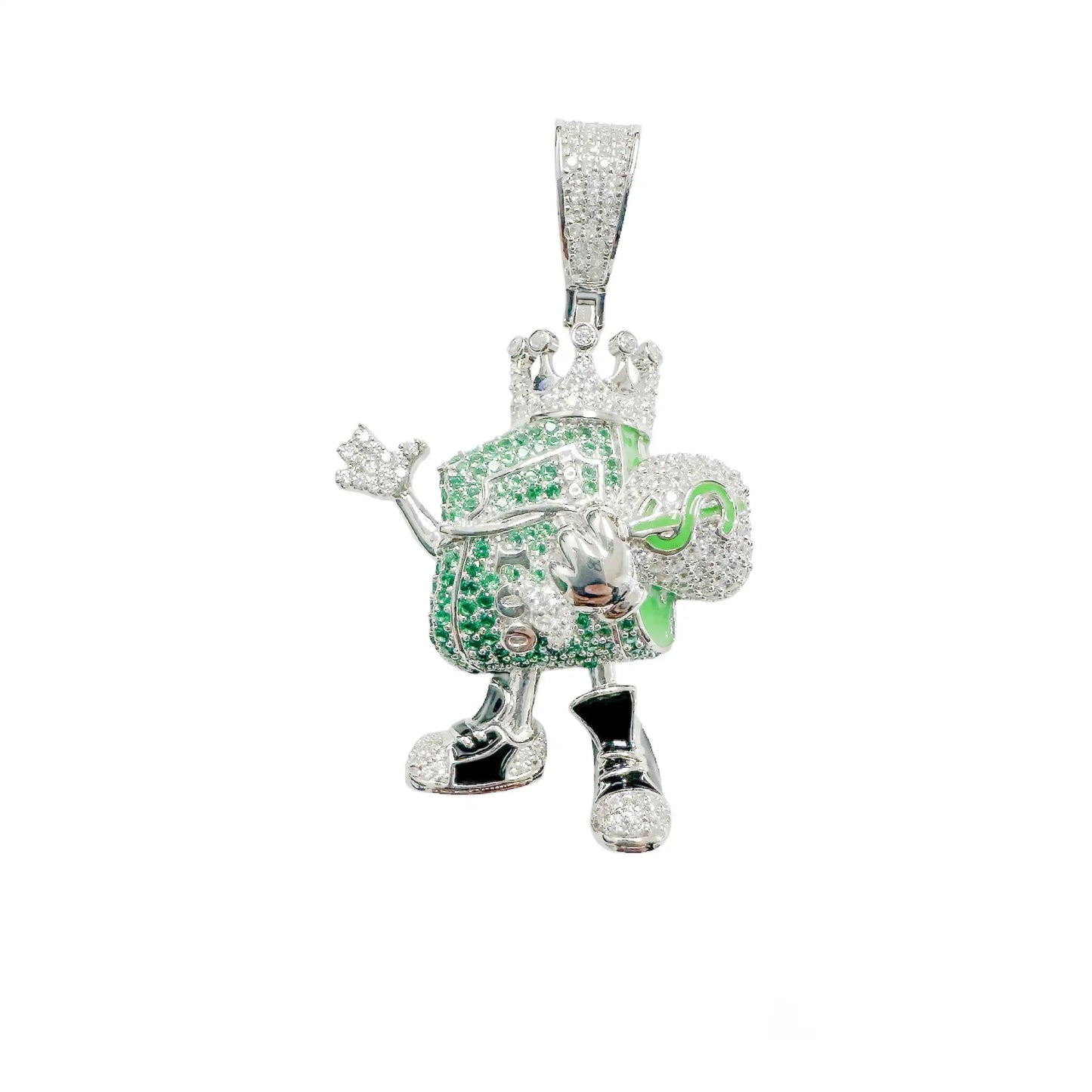 925 Sterling Silver Rhodium Plated Cash King Money Bag Clear and Green CZ Pendant