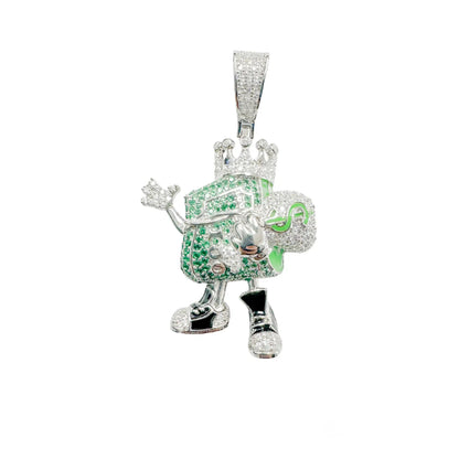 925 Sterling Silver Rhodium Plated Cash King Money Bag Clear and Green CZ Pendant