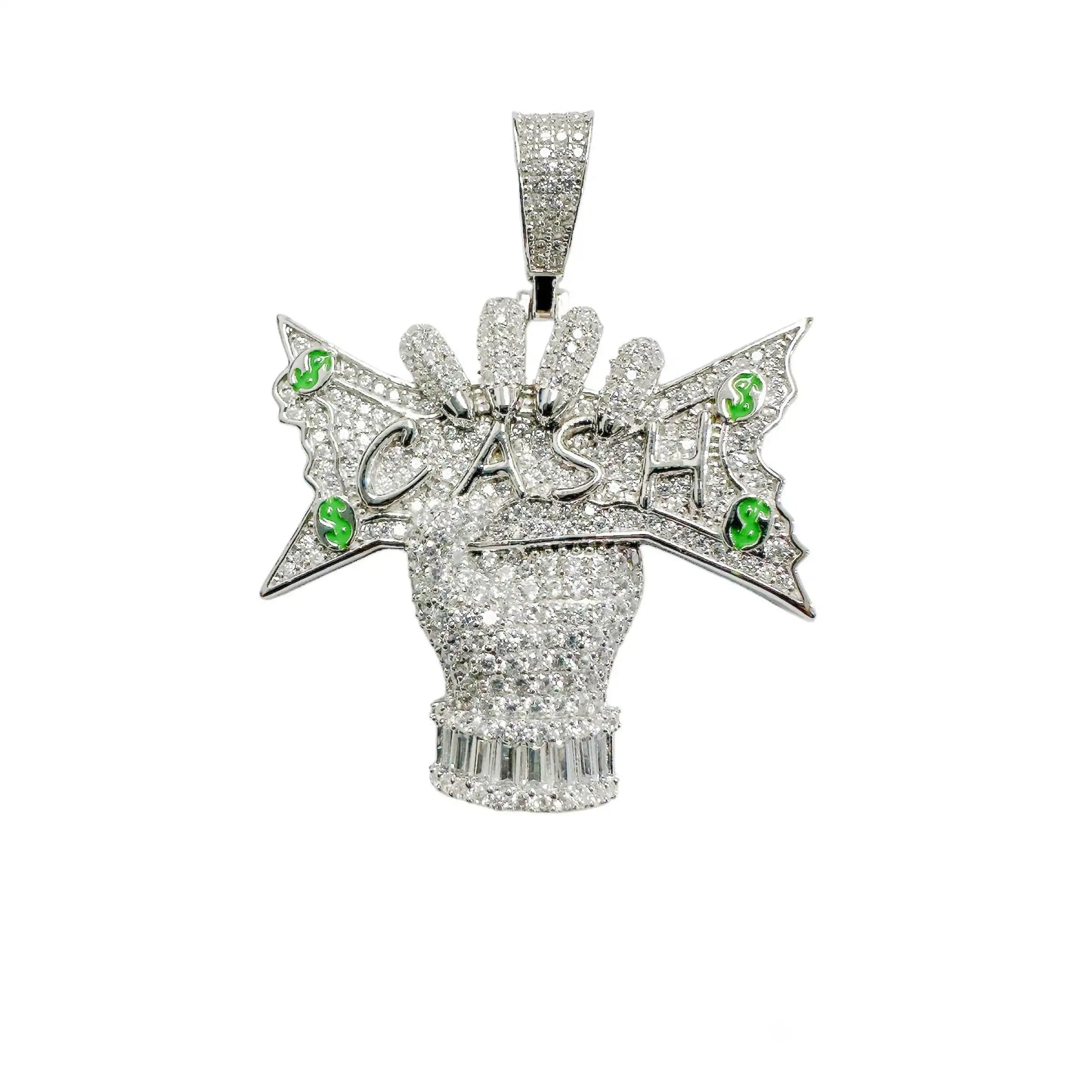 925 Sterling Silver Rhodium Plated Cash Hands Dollar Sign Clear CZ Green Enamel Pendant